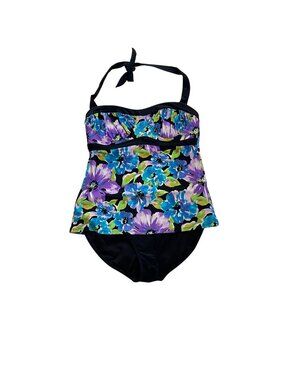 Tropical Escape Floral Halter Tankini Swimsuit Size 10 Black Purple Blue Green u